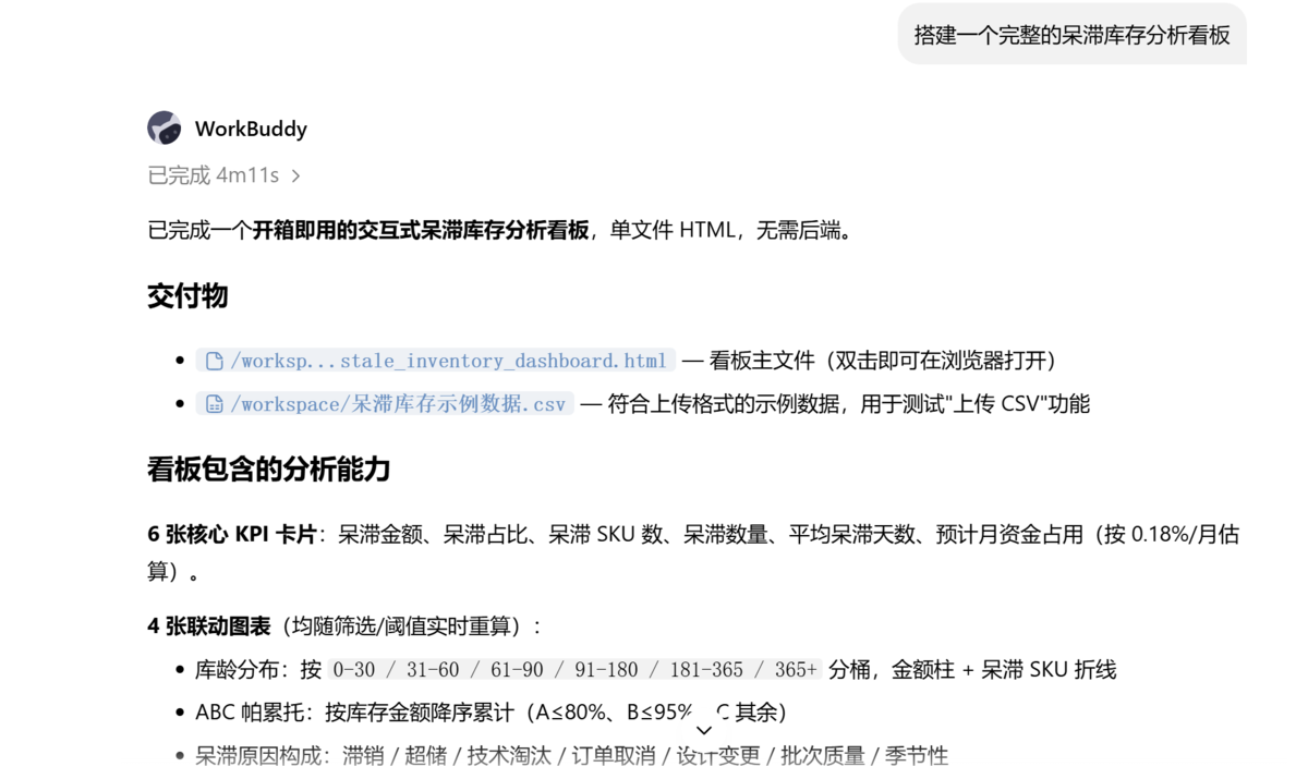 我用WorkBuddy做了一个完整的呆滞库存分析看板（电商数据采集附指令缩略图